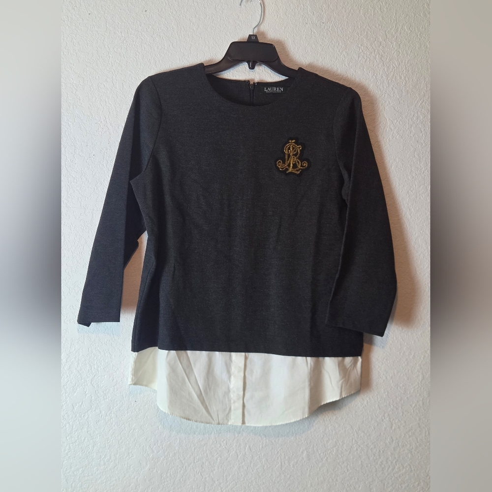 Ralph Lauren Dark Charcoal Long Sleeve Sweater With White Shirttail Hem Size L